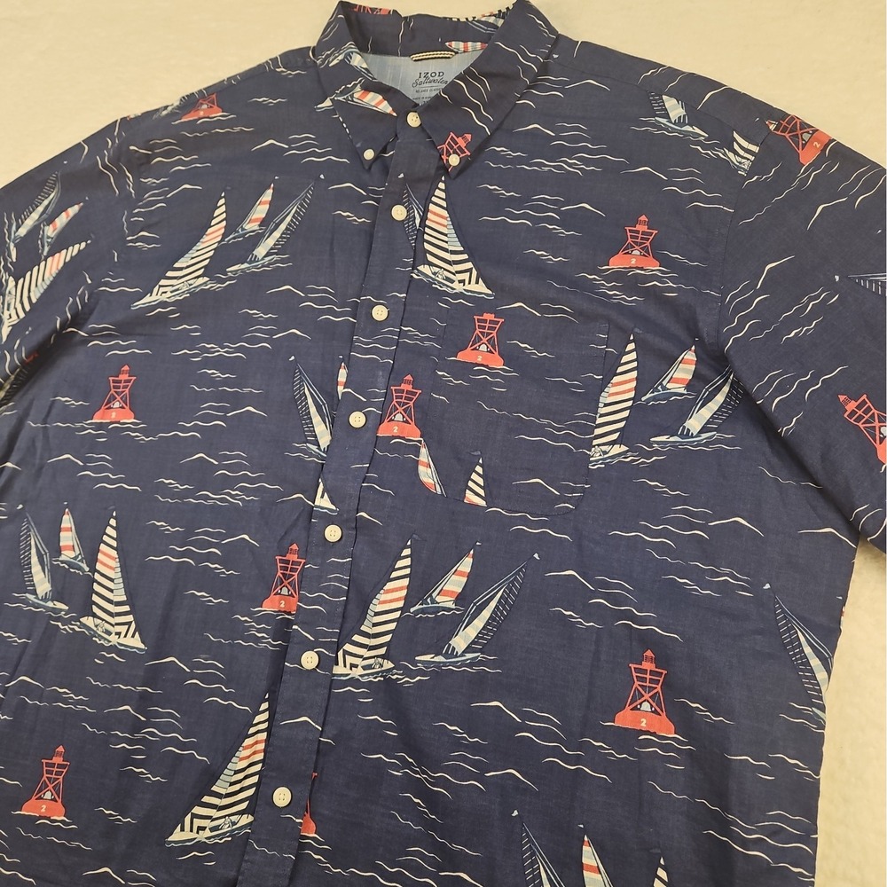 IZOD Saltwater Collection S/S Shirt Navy Blue Mens 2XL Bouys & Sailboats Cotton